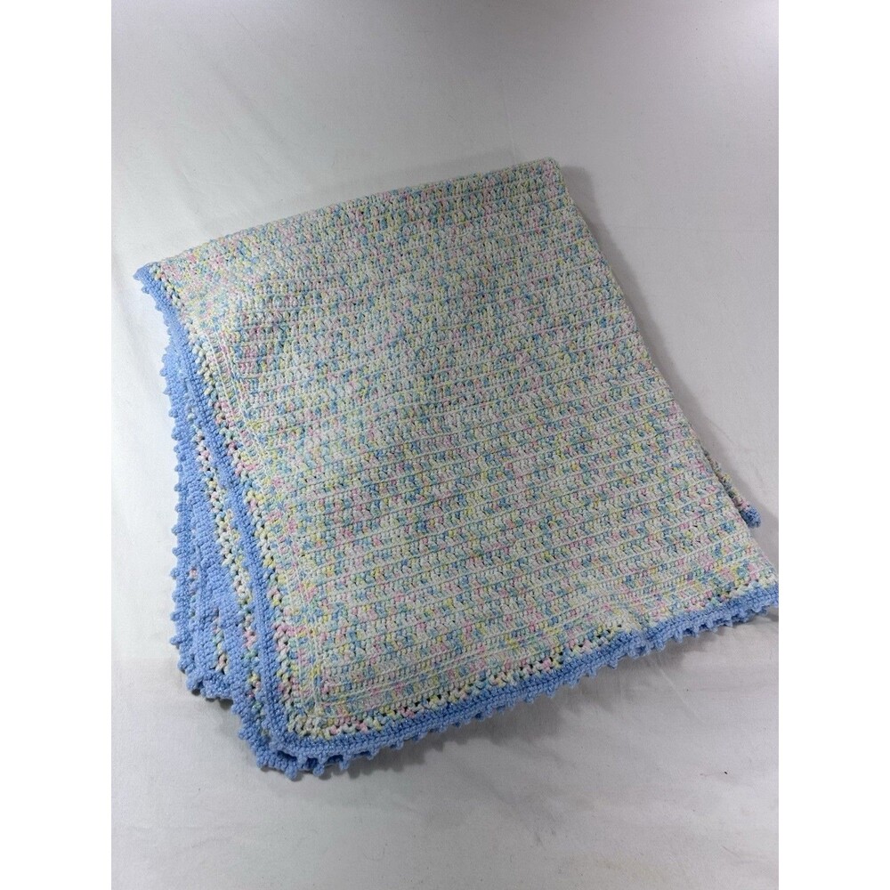 Handmade Crochet Baby Blanket Pastel Scalloped Lace Trim 42" x 40"